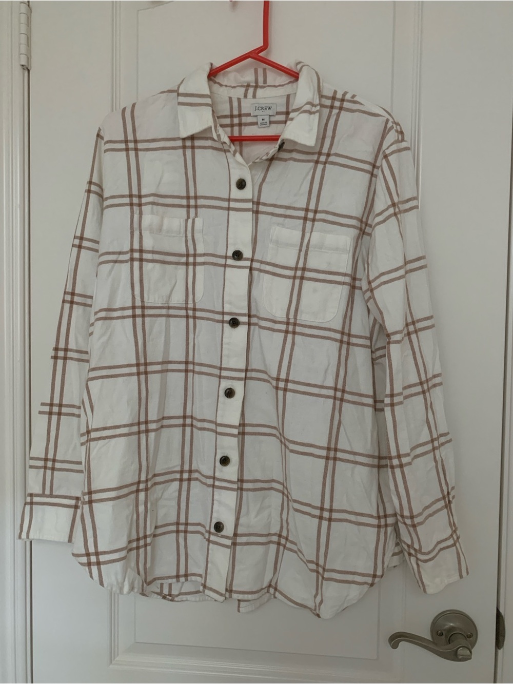 EUC J. Crew Plaid Shacket Shirt Jacket Women’s Size Medium White Tan